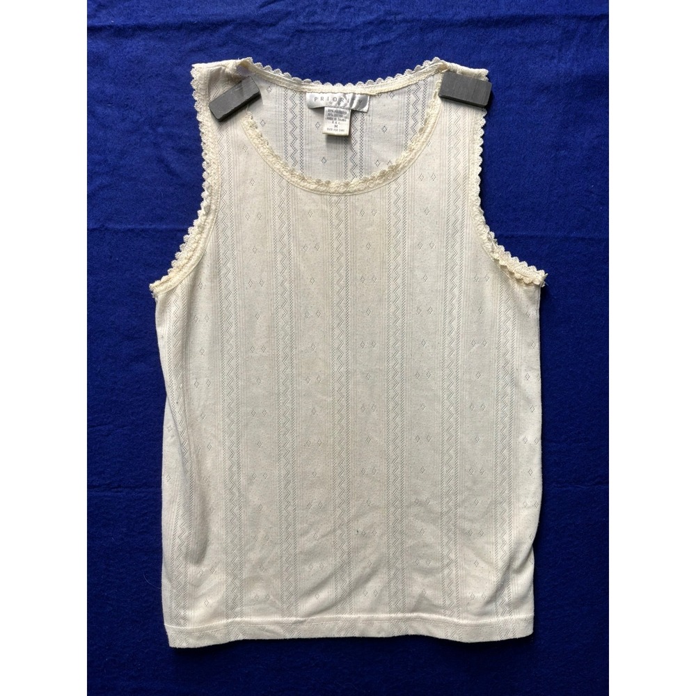 Cottagecore Womens Priority Pointelle Lace Trim Tank Top M Cream